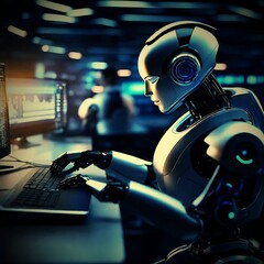 Obraz premium Robot Android Computer Laptop Office telemarketing. A robot sits at a futuristic desk with a computer, blue lighting, and a laptop. Working on the keyboard