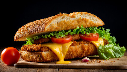 Crispy Meat Milanesa Sandwich with Melted Cheddar, tomatoes and letucce on Toasted French Bread