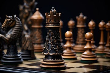 Fototapeta na wymiar Closeup of chess board, idea tactic strategy background theme. Wooden chess pieces on a chessboard. dark background. Macro photo of chess pieces on a chess board.