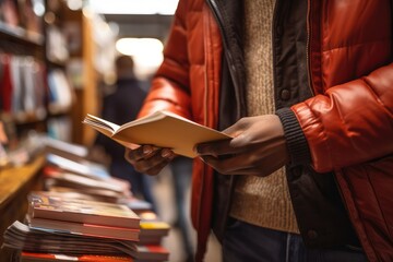 Midsection of african american male student reading book in a library. Education concept. student reading books habit.