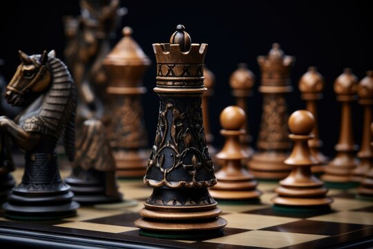 Closeup of  chess board, idea tactic strategy background theme. Wooden chess pieces on a chessboard. dark background. Macro photo of chess pieces on a chess board.