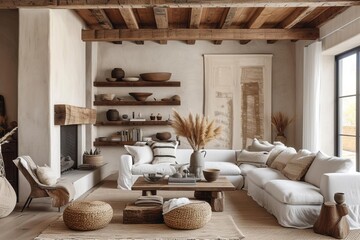 Rustic pottery barn with handcrafted pottery and earthy textures