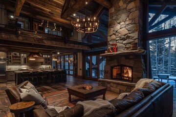 Rustic mountain lodge with stone fireplace and cozy interiors