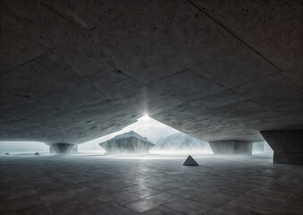 dimly lit concrete room with foggy atmosphere. There are triangular structures on the floor and a mountain-like shape in the distance.