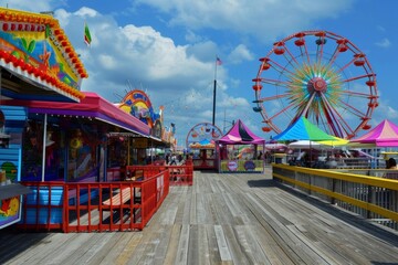 Seaside boardwalk carnival with rides Games And festive atmosphere