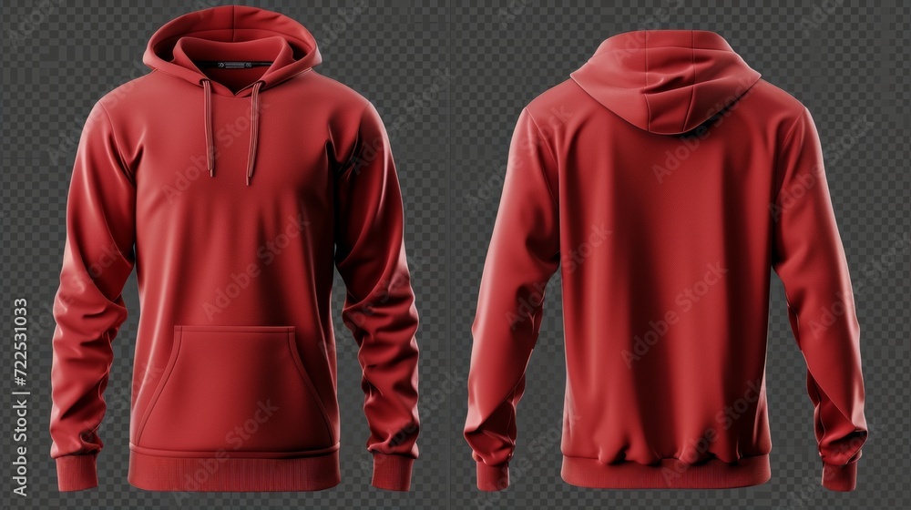 Wall mural Set of red front and back view tee hoodie hoody sweatshirt on transparent background cutout, PNG file. Mockup template for artwork graphic design