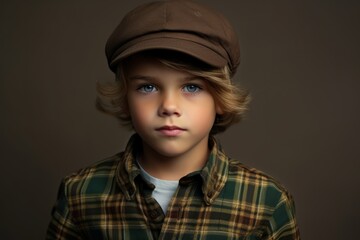 Cute little boy in a cap and plaid shirt. Studio shot.