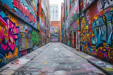 Artistic graffiti alley with colorful murals and urban flair