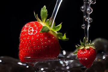 A laboratory experiment involves poking a strawberry with a needle for DNA extraction. Generative AI