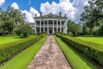 Grand southern plantation with antebellum architecture and oak alleys