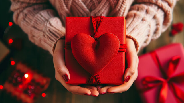 Close up on female hands holding a gift in a red heart presents for valentine day, birthday, mother's day. Flat lay. Symbol of love. Valentines day background with a gift bag.