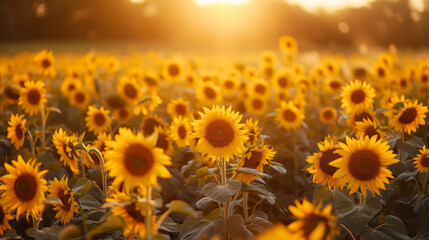 Wide field of sunflowers in summer sunset, panorama blur background. Autumn or summer sunflowers background. Shallow depth of field.