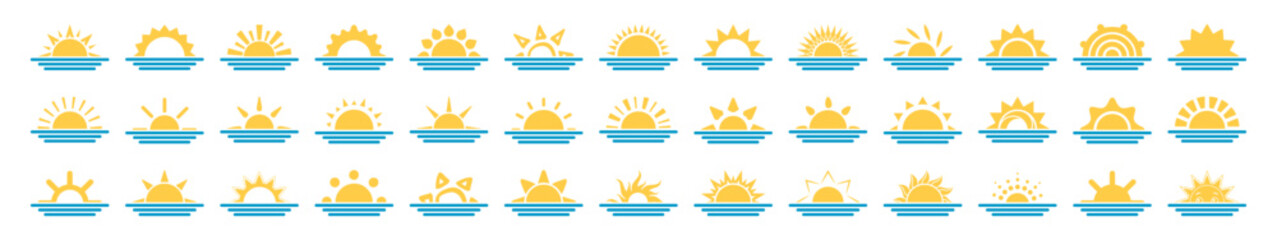 Yellow sun icon set, sunshine and solar glow, sunrise or sunset. Shine sun ray set. Sunshine vector sign