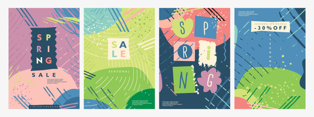 Colorful banners and posters for seasonal spring fashion sale. Set of funky covers and flyers. Abstract backgrounds vector illustration.