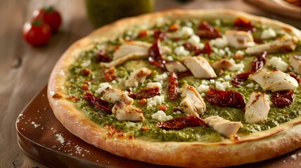 pesto chicken pizza with a thin crust, fragrant basil pesto sauce, tender chicken pieces, creamy...