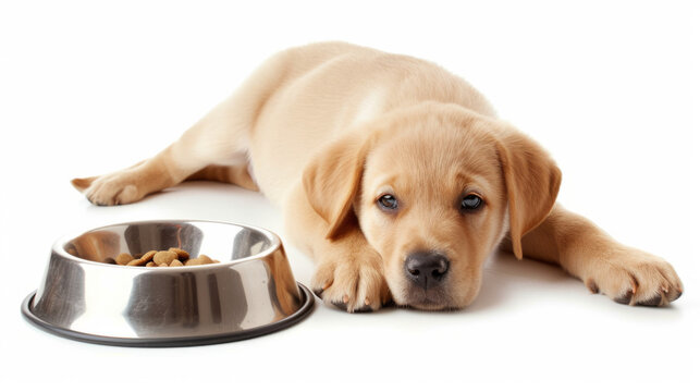 Puppy with food bowl isolated on white background