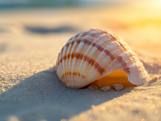 Close-up of a single, pristine seashell on a sandy beach.