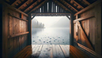 a rain house cloud tranquil mountains forest boathouse river boating outside woods outdoors dramatic weather scenery tree spring beautiful recreation calm boat solitude peaceful wet lake outdoor water - obrazy, fototapety, plakaty