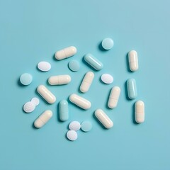 Pharmaceutical medicine pills and capsules isolated on blue background, top view. Health care and medicine concept.