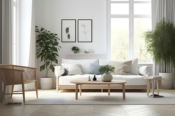 Fototapeta na wymiar Scandinavian living room interior in light colors with a gray sofa, pillows, coffee table, dired flowers in vase, mock up poster. House apartment design in a minimalist style