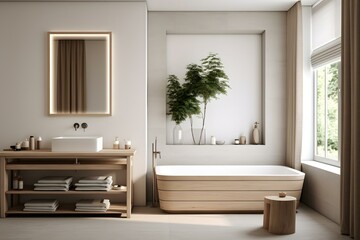 Scandinavian bathroom interior in light colors with a ceramic sink, mirror and large bathtub. House apartment design in a minimalist style