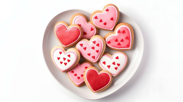 Decorated Red and pink heart shaped cookies on a plate isolated on white background, top view. Valentine's day treats - Powered by Adobe