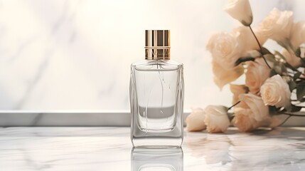Glass luxury perfume bottle mockup template with white flowers on a light marble background.