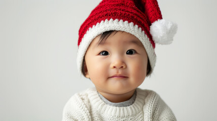 Portrait of an asian baby with a christmas hat on white studio background