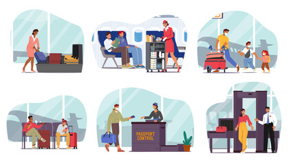 Set Characters In Bustling Airport, People Hurry With Luggage, Passing Security Control, Waiting Boarding or Departure