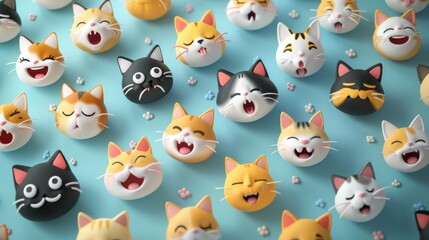 3d modernized emoji banner advertisement with a lot of cool calico cat emojis   - obrazy, fototapety, plakaty