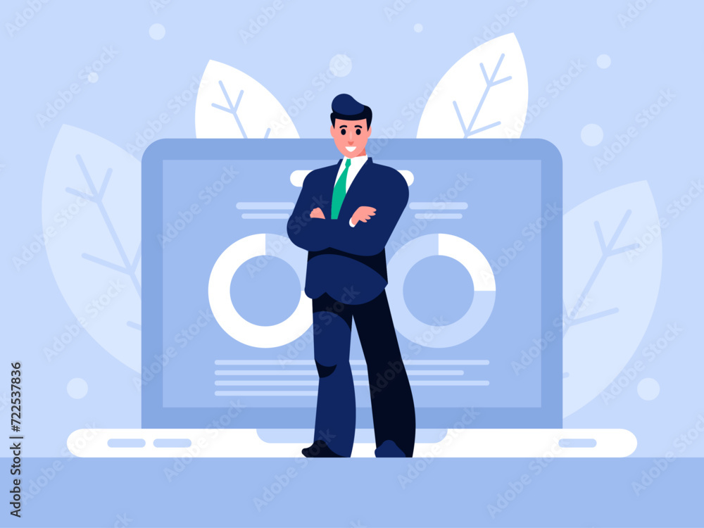 Poster business analyst stands with arms crossed on chest. standing confident man in a suit and tie. busine
