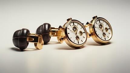 Businessman's elegant cufflinks, watch, and a stylish ring showcased on a solid light background