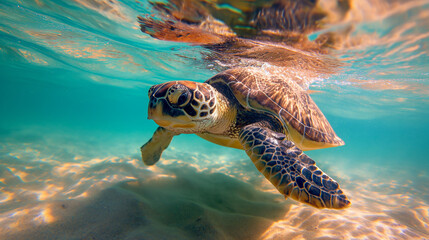 Obraz premium Sea turtle swims under water on the background of coral reefs