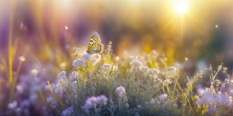 Beautiful butterfly on wildflowers on meadow on sunny day, bright wide-format background with copy space, Film grain effect