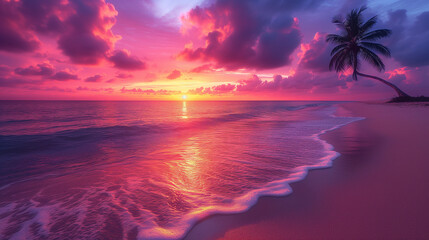 Beautiful sunset tropical beach with palm tree and pink sky for travel and vacation in holiday relax time
