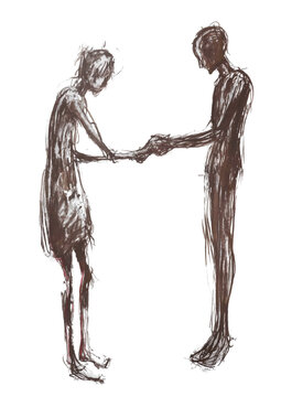 Hand drawing of two people holding hands isolated on white or transparent background, dark woman and man silhouettes charity, humanitarian aid illustration, giving to  people in need, philanthropy