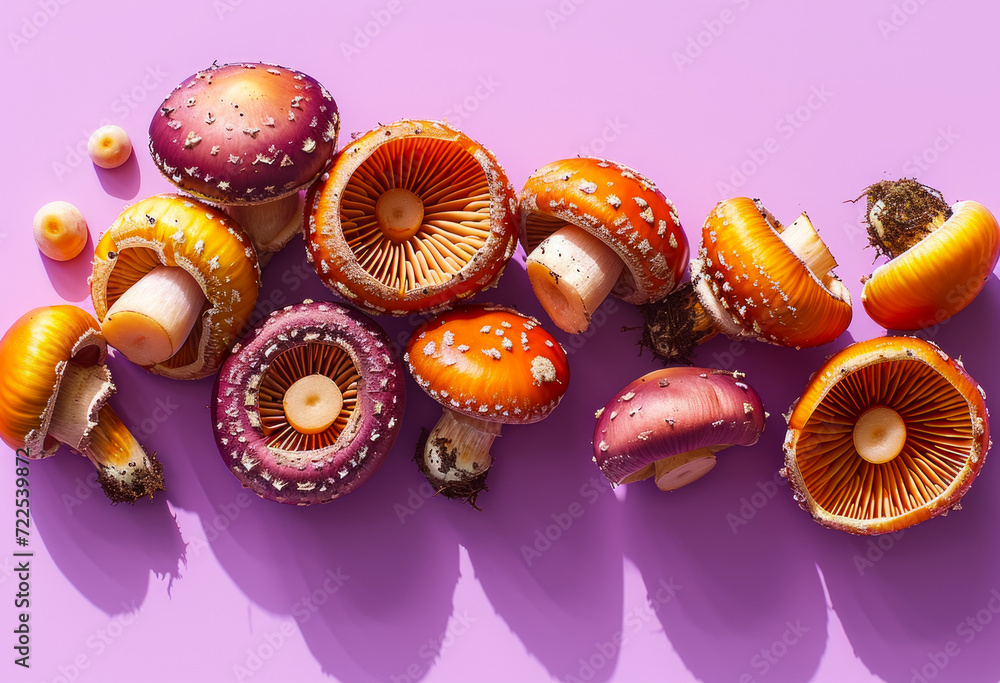 Poster mushrooms with studio light, cool tone. backdrop with selective focus and copy space