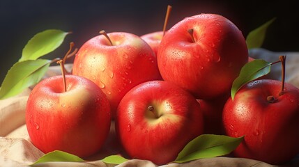 Red apples on tree with dew water splash on garden background,