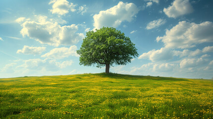 single big oak tree in field with perfect treetop