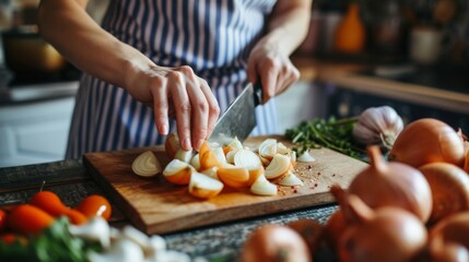 woman slicing onions with knife on a kitchen cutting board   - obrazy, fototapety, plakaty