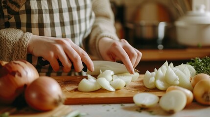 Obraz na płótnie Canvas overview a woman slicing onions 