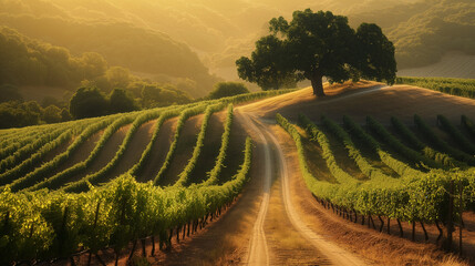 Spectacular wide angle view of Italian vineyards across the rolling hills at sunset