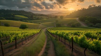 Fototapeta premium Spectacular wide angle view of Italian vineyards across the rolling hills at sunset