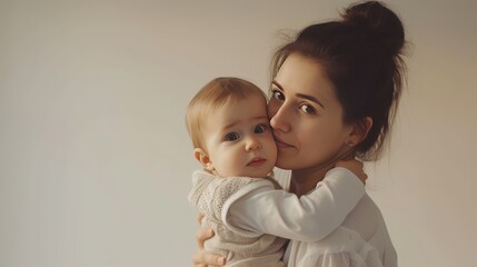 photograph of a successful mother in business, holding her young child. 