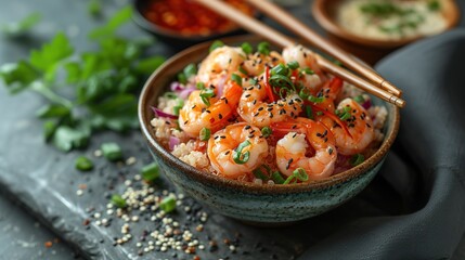 Hawaiian poke bowl with shrimp, quinoa, avocado, cucumber and greens on a dark concrete background