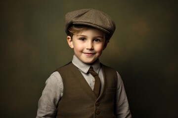 Cute little boy in beret and suspenders. Studio shot.