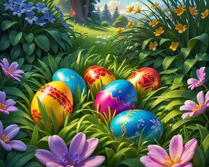 Fototapeta na wymiar Vibrant Easter eggs painted with intricate patterns nestled among lush green grass and colorful spring flowers