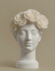 Sculpture of the head of a woman with flowers on her head isolated on background in neutral color