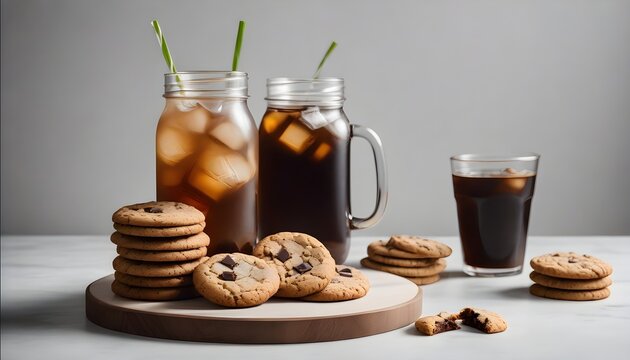 Iced coffee in a mason jar with a straw, accompanied by chocolate chip cookies and coffee
