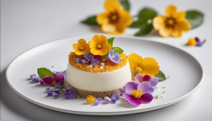 Exquisite plated dessert with edible flowers